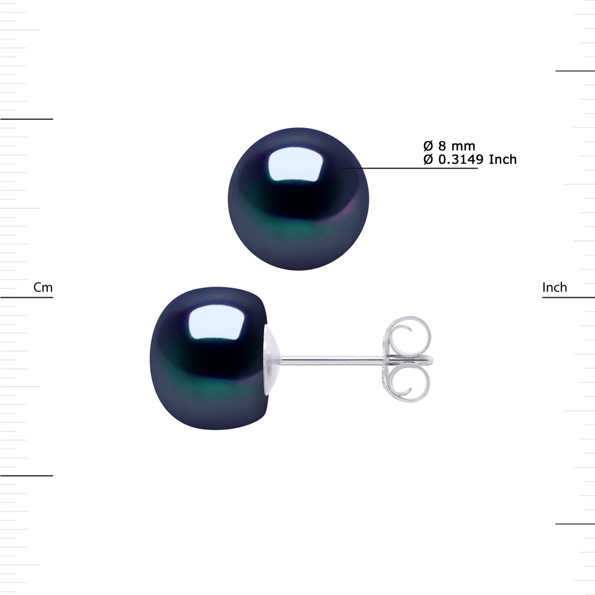 Clous d'Oreilles Perles de Culture d'Eau Douce 8-9 mm Noires Or Blanc - vue 3