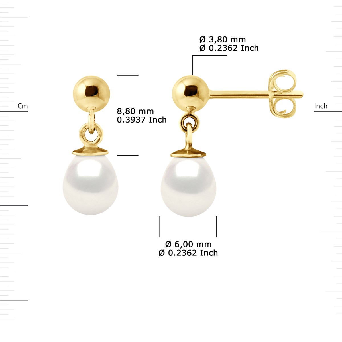 Boucles d'Oreilles Pendantes Perles de Culture d'Eau Douce 6-7 mm Blanches Or Jaune - vue 3