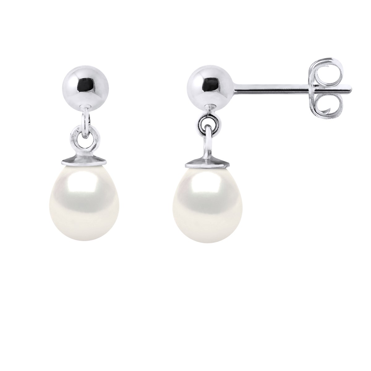 Boucles d'Oreilles Pendantes Perles de Culture d'Eau Douce 6-7 mm Blanches Or Blanc