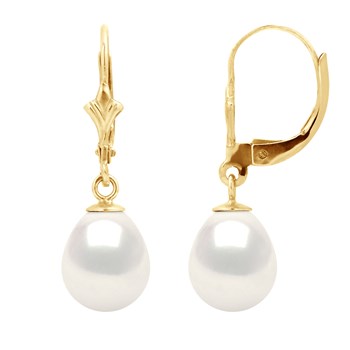 Boucles d'Oreilles Pendantes Perles d'Eau Douce 8-9 mm Blanches Or Jaune 18 Carats