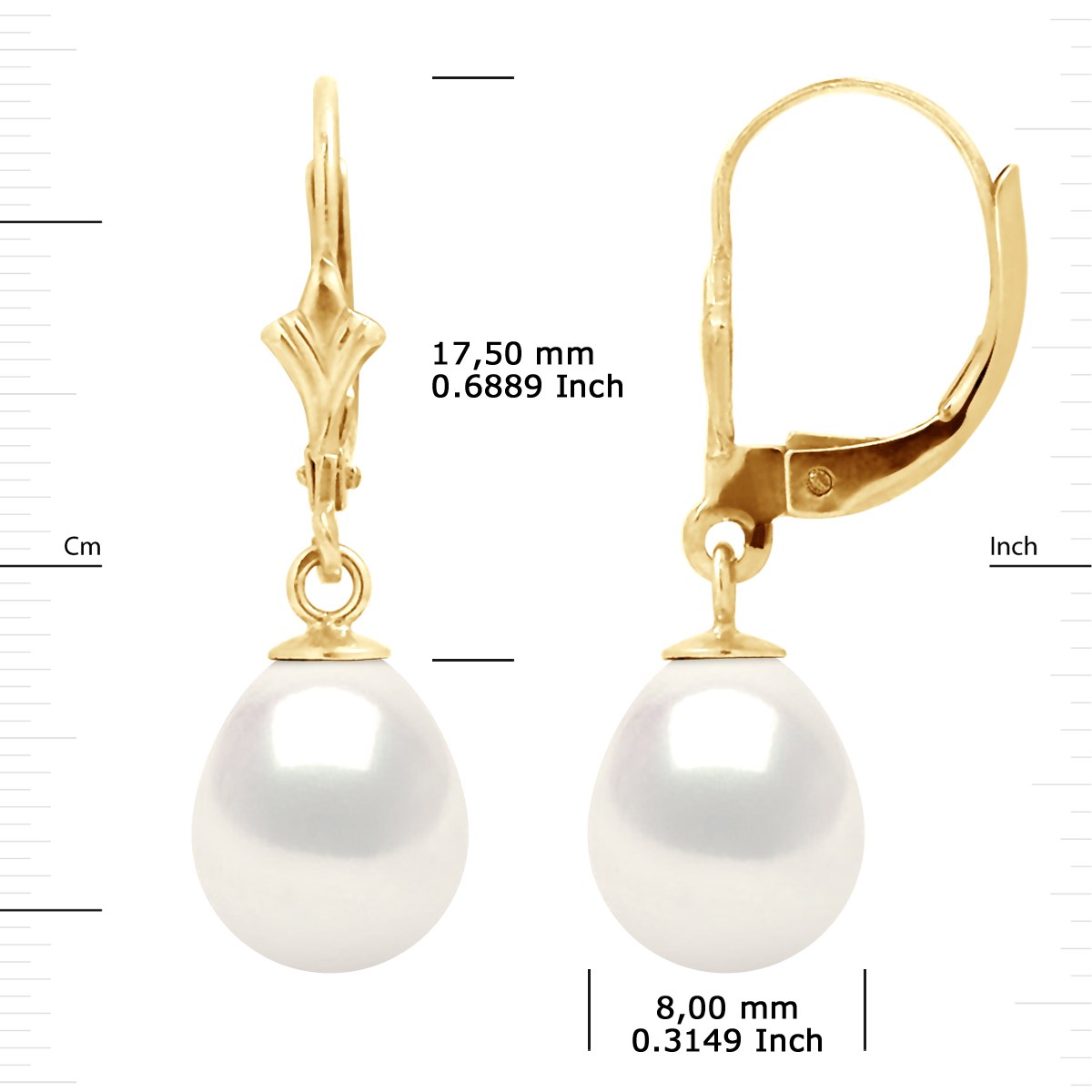 Boucles d'Oreilles Pendantes Perles d'Eau Douce 8-9 mm Blanches Or Jaune 18 Carats - vue 3