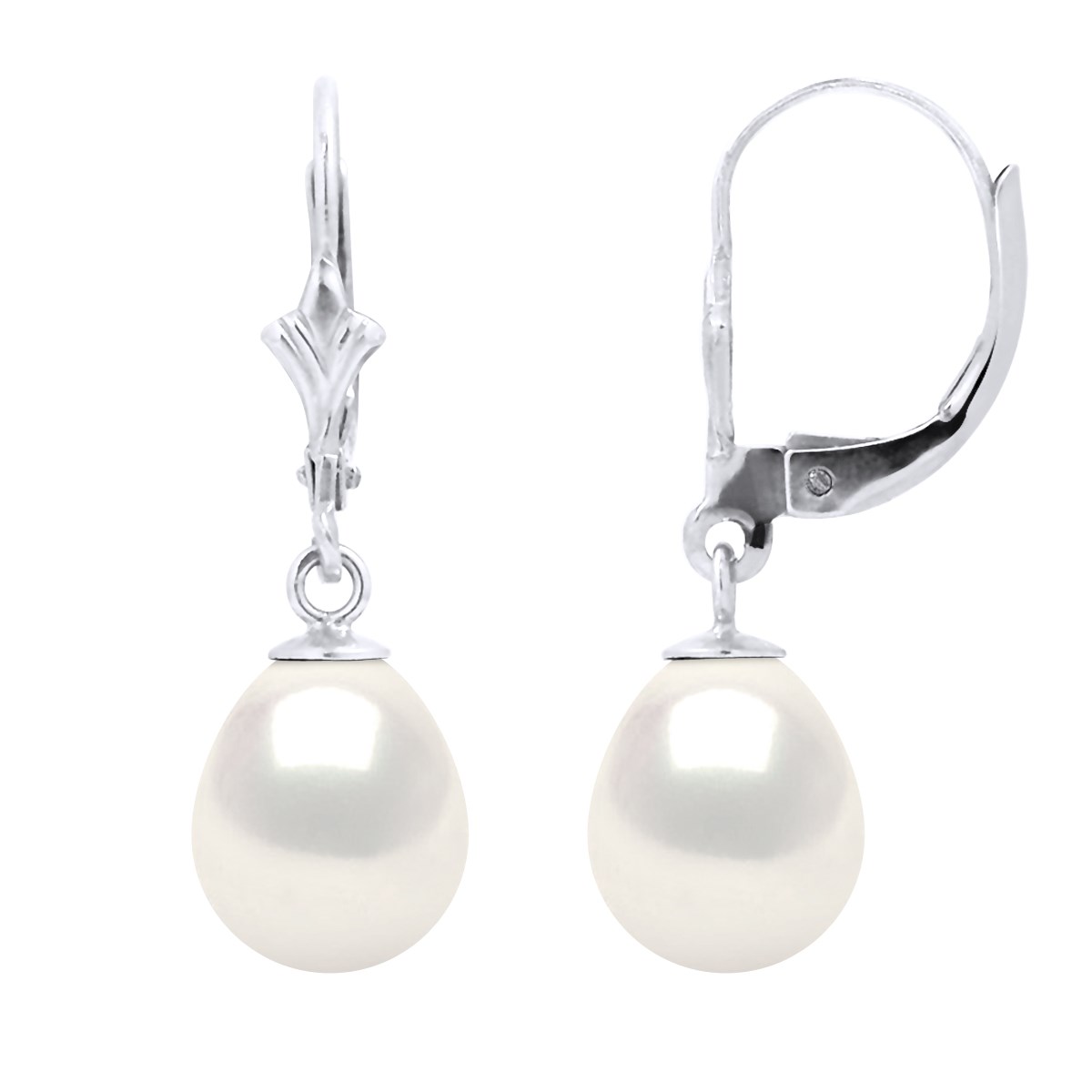 Boucles d'Oreilles Pendantes Perles d'Eau Douce 8-9 mm Blanches Or Blanc 18 Carats