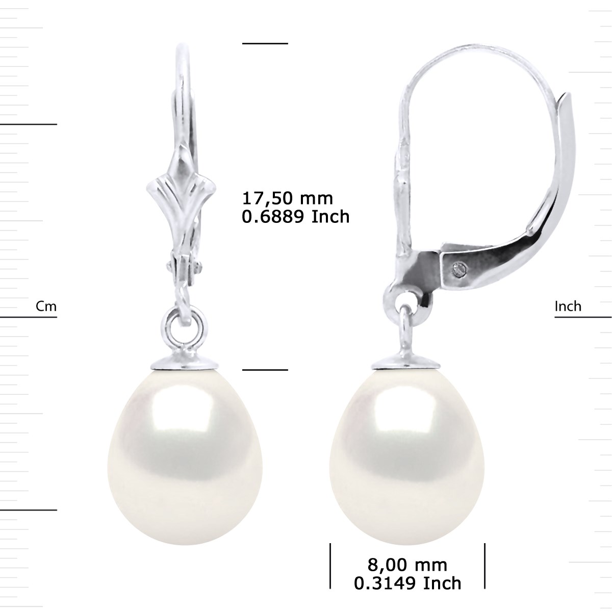 Boucles d'Oreilles Pendantes Perles d'Eau Douce 8-9 mm Blanches Or Blanc 18 Carats - vue 3
