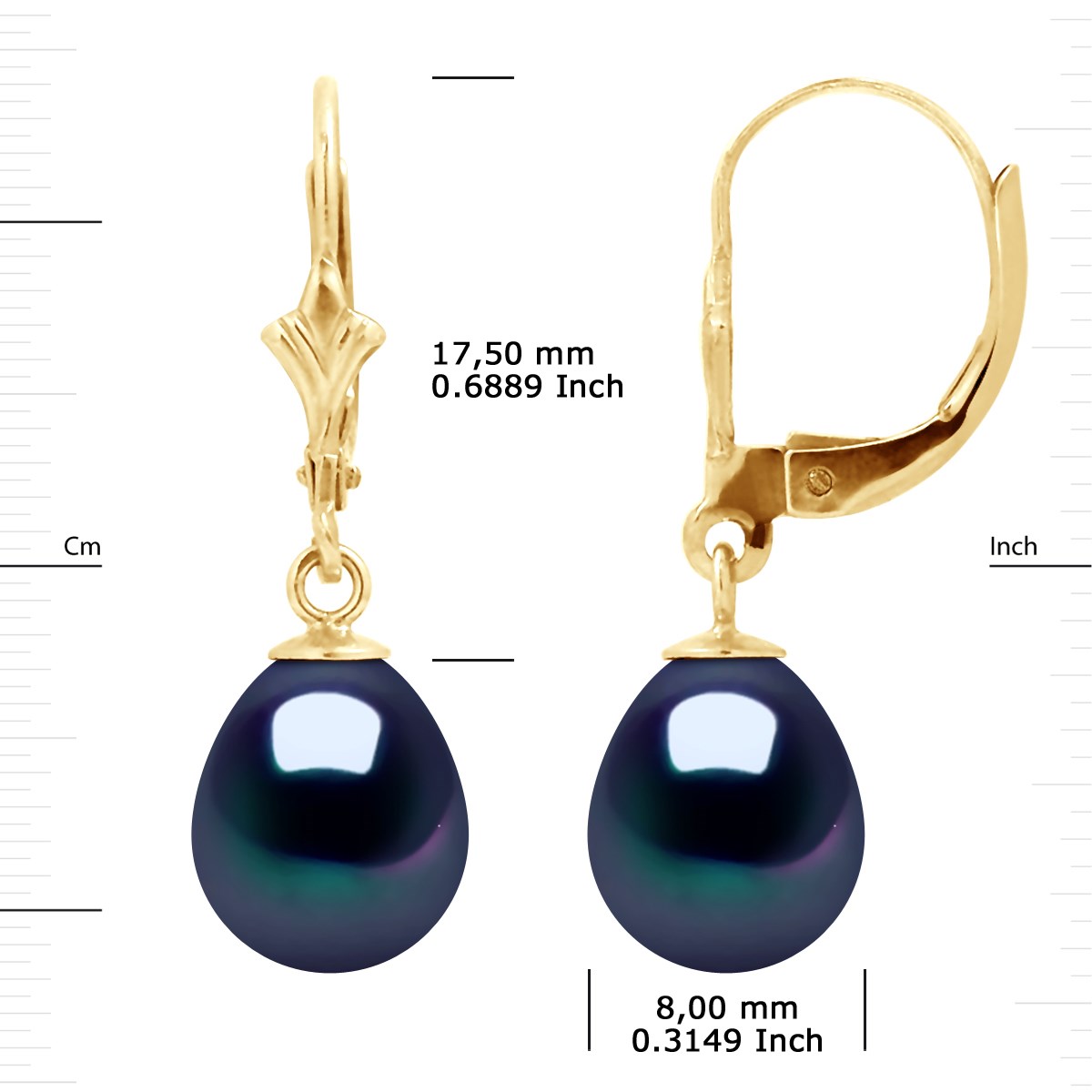 Boucles d'Oreilles Pendantes Perles d'Eau Douce Poires 8-9 mm Noires Or Jaune 18 Carats - vue 3