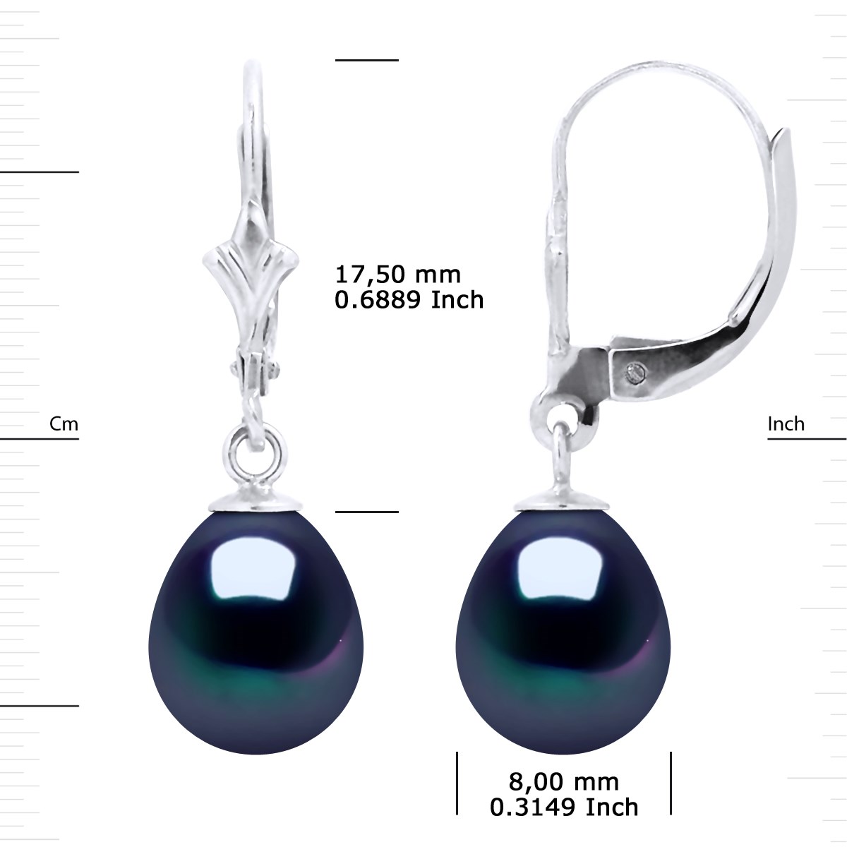 Boucles d'Oreilles Pendantes Perles d'Eau Douce Poires 8-9 mm Noires Or Blanc 18 Carats - vue 3