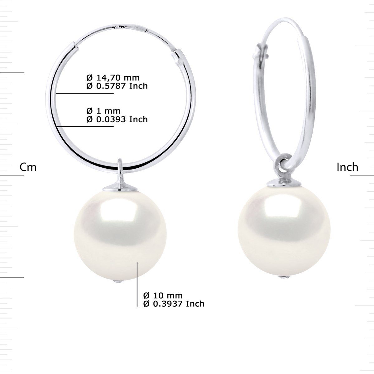 Créoles Perles de Culture d'Eau Douce Rondes 10-11 mm Blanches Or Blanc - vue 3