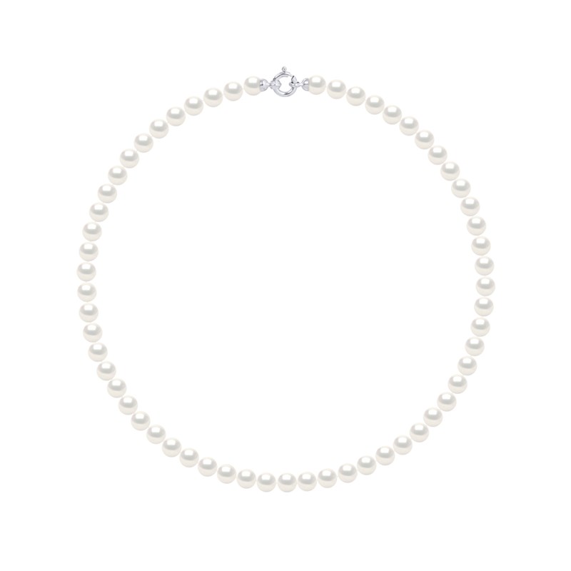 Collier Rang PRINCESSE Perles d'Eau Douce Rondes 6-7 mm Blanches Fermoir Prestige Or Blanc