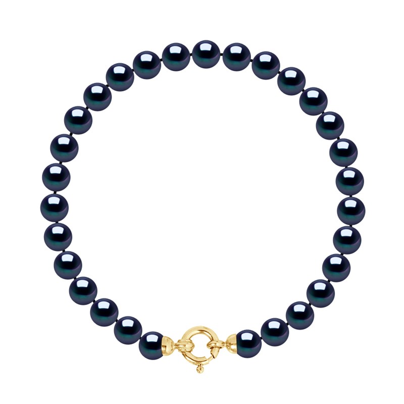 Bracelet Perles de Culture d'Eau Douce 6-7 mm Noires Fermoir Prestige Or Jaune