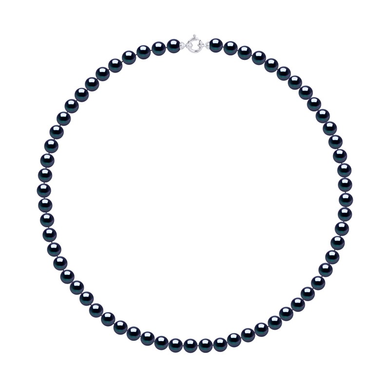 Collier Rang PRINCESSE Perles d'Eau Douce Rondes 7-8 mm Noires Fermoir Prestige Or Blanc 18 Carats
