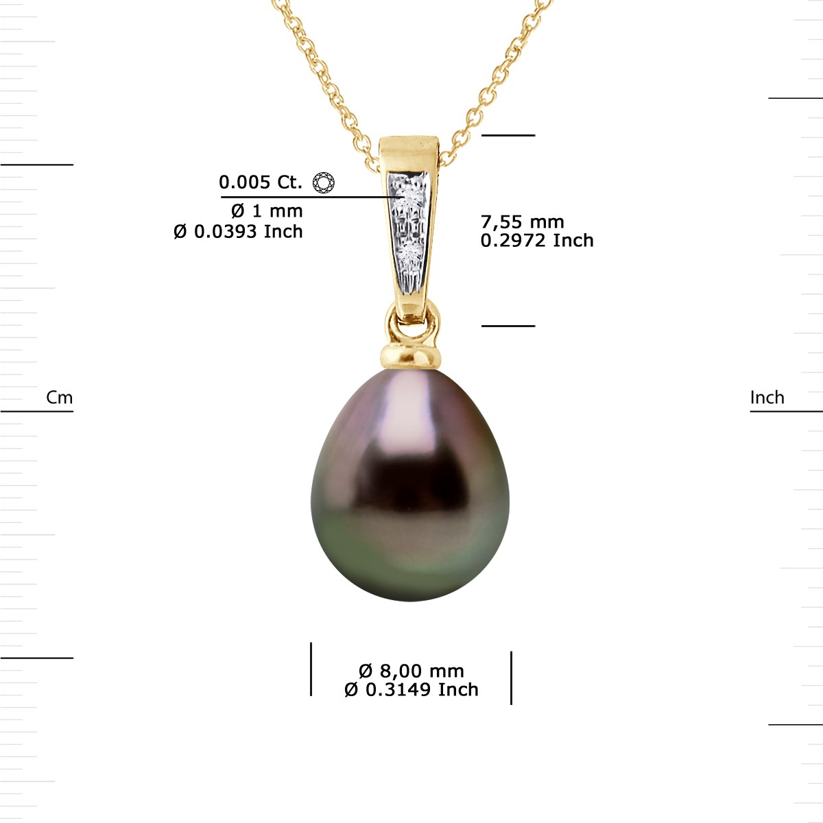 Pendentif Diamants 0,010 Cts Perle de Culture de TAHITI 8-9 mm Or Jaune - vue 3