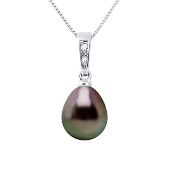 Pendentif Diamants 0,010 Cts Perle de Culture de TAHITI Poire 8-9 mm Or Blanc