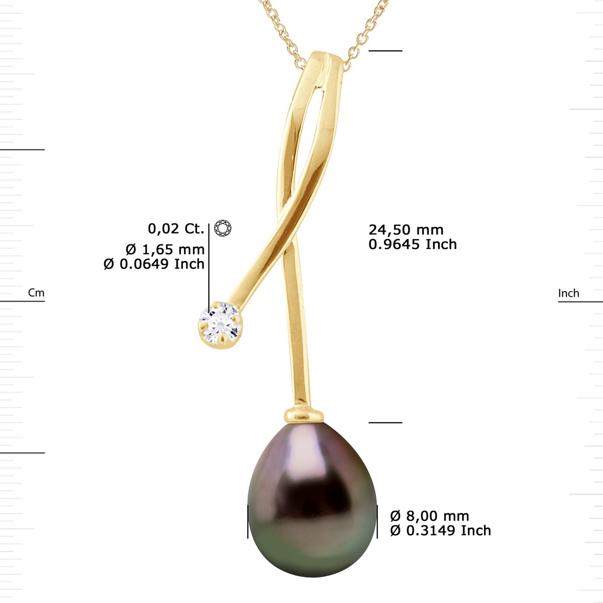 Pendentif Diamants 0,020 Cts Perle de Culture de TAHITI Poire 8-9 mm Or Jaune - vue 3