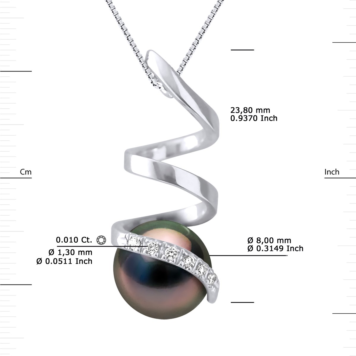 Pendentif Diamants 0,060 Cts Perle de Culture de TAHITI Ronde 8-9 mm Or Blanc - vue 3