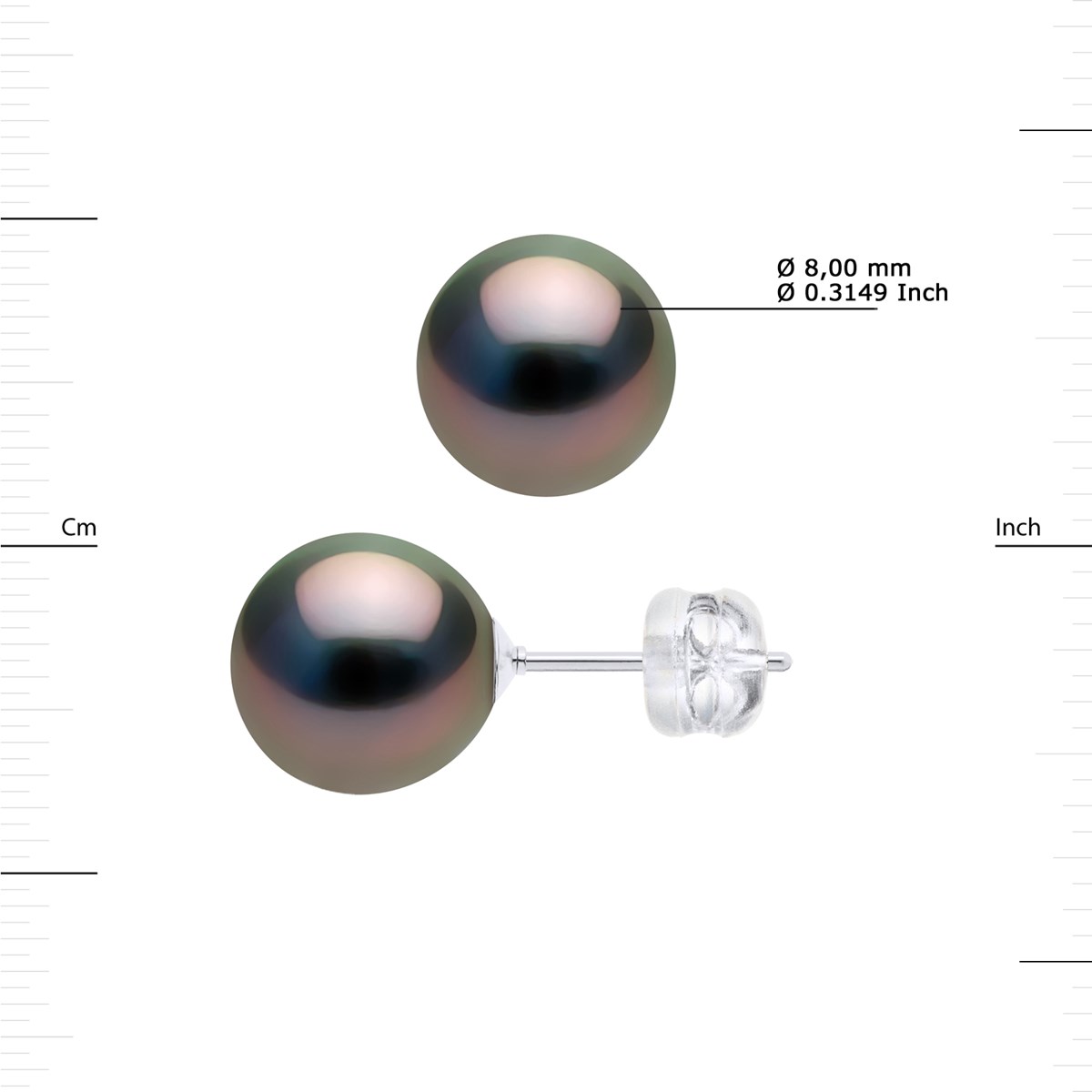 Clous d'Oreilles Perles de Tahiti Rondes 8-9 mm imperdables Or Blanc - vue 3