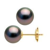 Clous d'Oreilles Perles de Tahiti Rondes 9-10 mm Système Sécurité Or Jaune