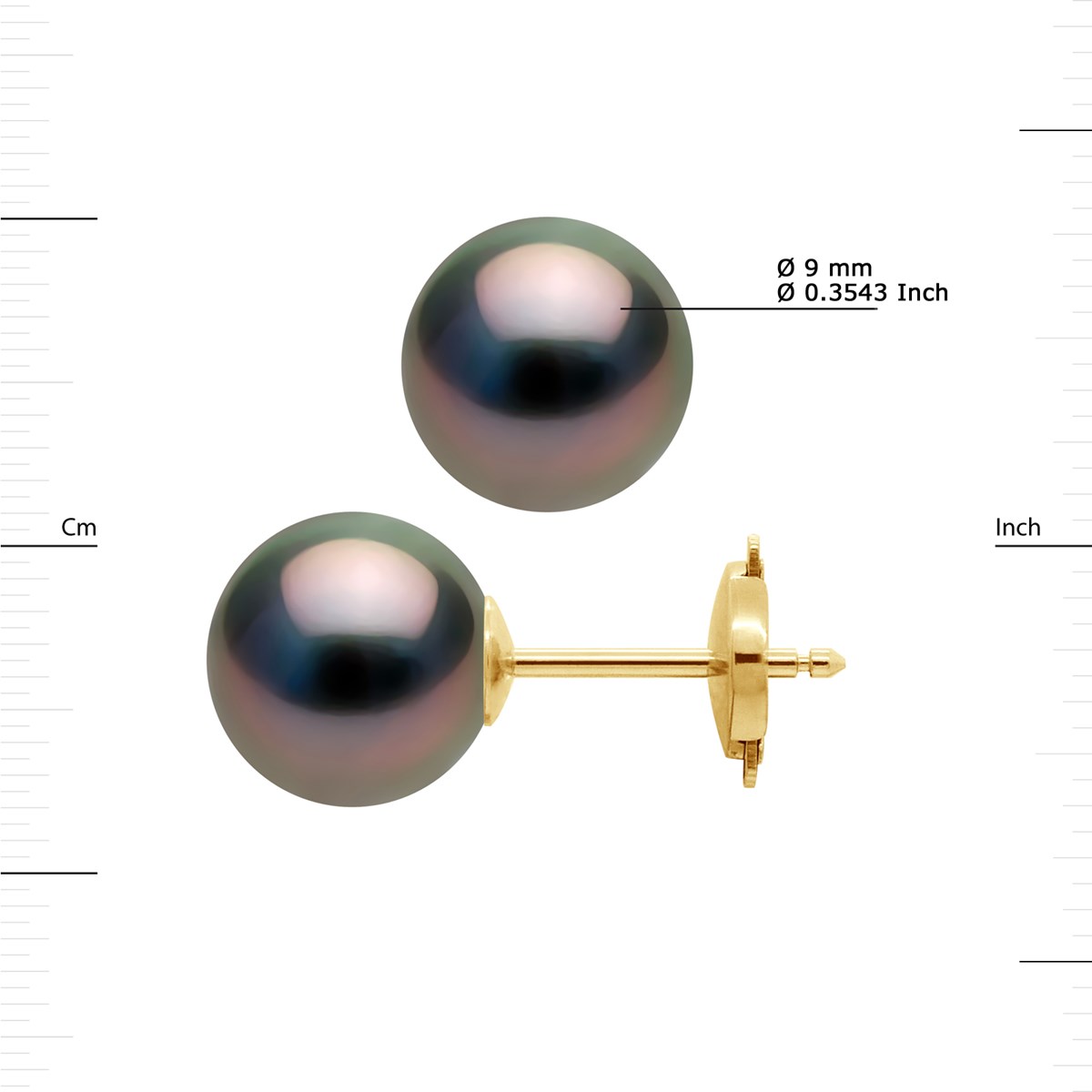 Clous d'Oreilles Perles de Tahiti Rondes 9-10 mm Système Sécurité Or Jaune - vue 3