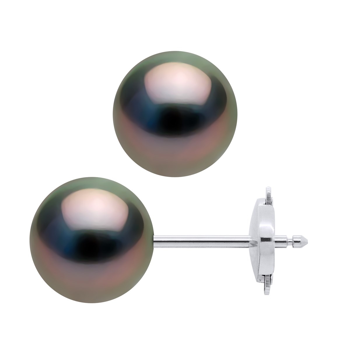 Clous d'Oreilles Perles de Tahiti Rondes 9-10 mm Système Sécurité Or Blanc