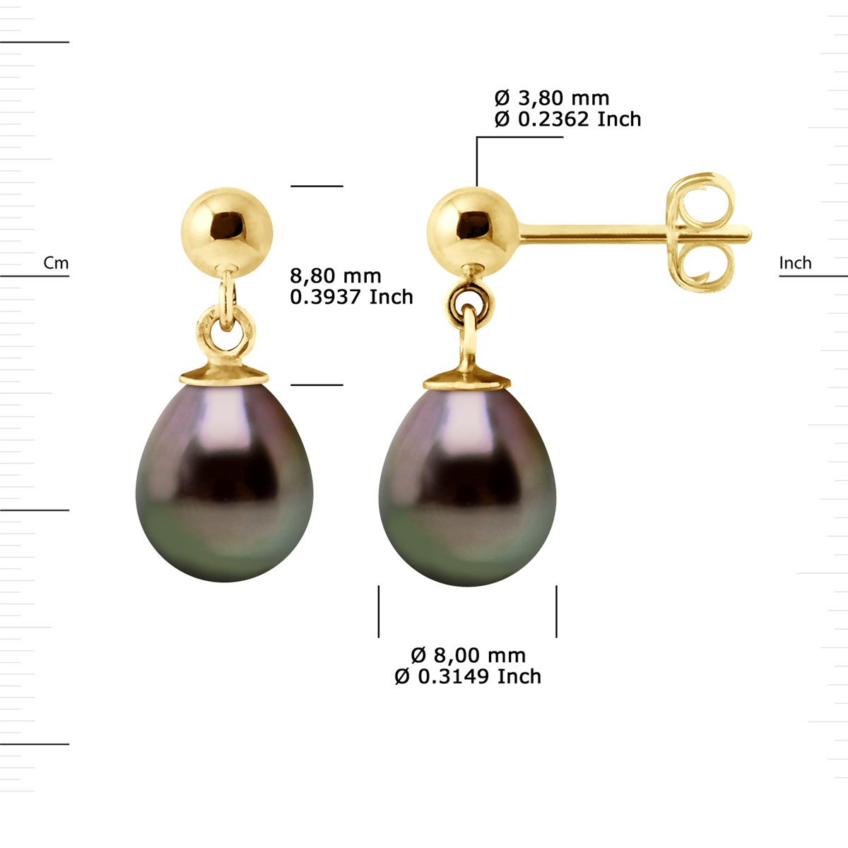 Boucles d'Oreilles Pendantes Perles de Tahiti Poires 8-9 mm - Or Jaune - vue 3