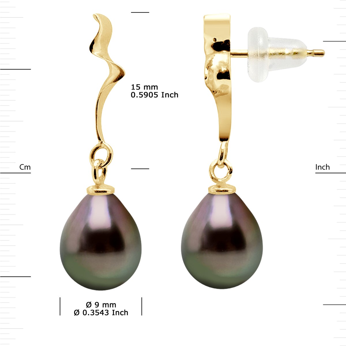Boucles d'Oreilles Perles de Tahiti Poires 9-10 mm Or Jaune 18 Carats - vue 3