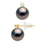 Boucles d'Oreilles Perles de Tahiti Rondes 8-9 mm et Diamants 0,04 Cts Joaillerie Or Jaune 18 Carats