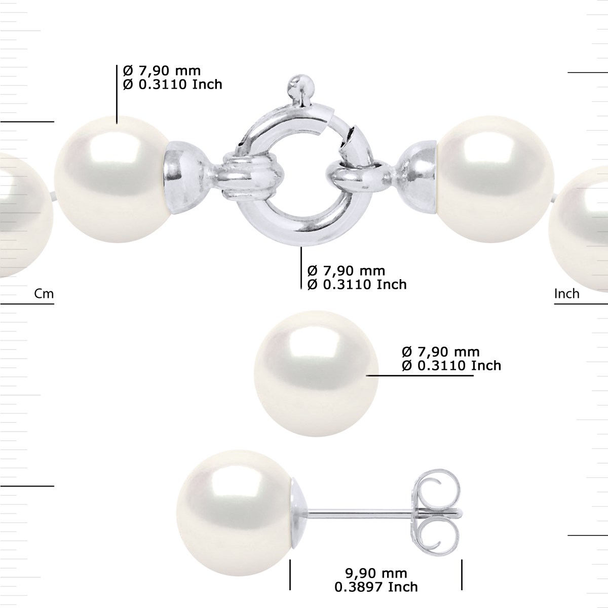 Parure Collier et Boucles d'Oreilles Perles d'Eau Douce 7-8 mm Or Blanc - vue 3