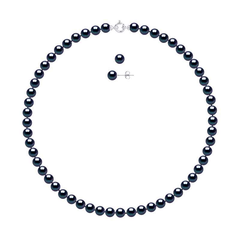 Parure Collier et Boucles d'Oreilles Perles d'Eau Douce 7-8 mm Or Blanc