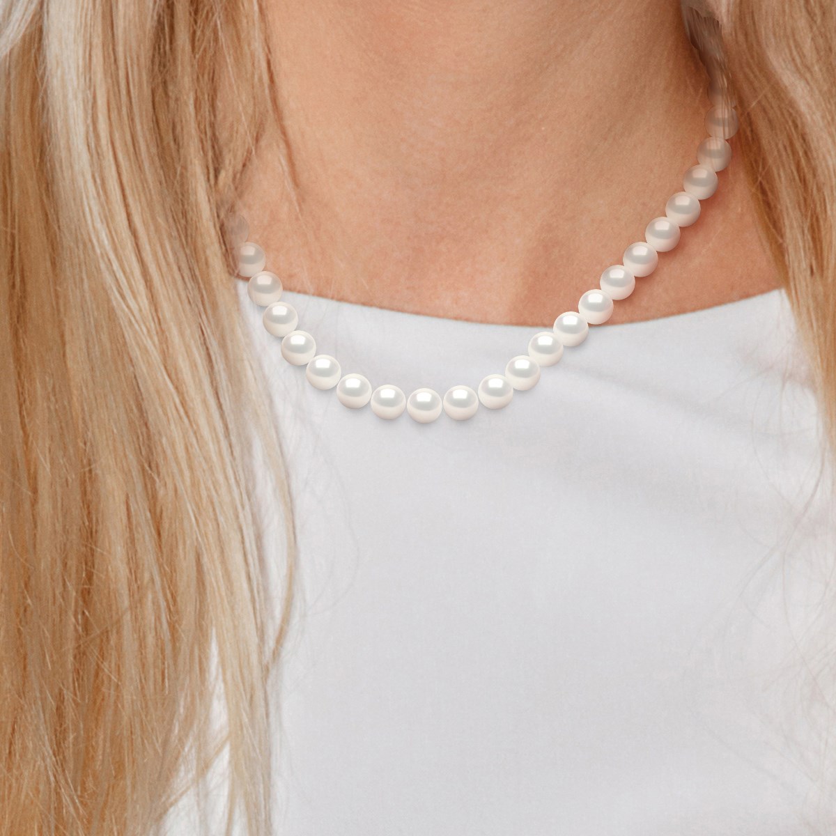 Collier Rang PRINCESSE Perles d'Eau Douce Rondes 9-10 mm Blanches Fermoir Prestige Or Jaune - vue 2