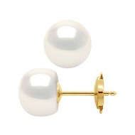 Boucles d'Oreilles Perles de Culture d'Eau Douce 9-10 mm Système Sécurité Blanches Naturelles Or Jaune