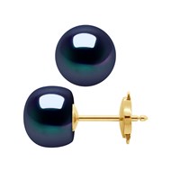 Boucles d'Oreilles Perles de Culture d'Eau Douce 9-10 mm Système Sécurité Noires Or Jaune