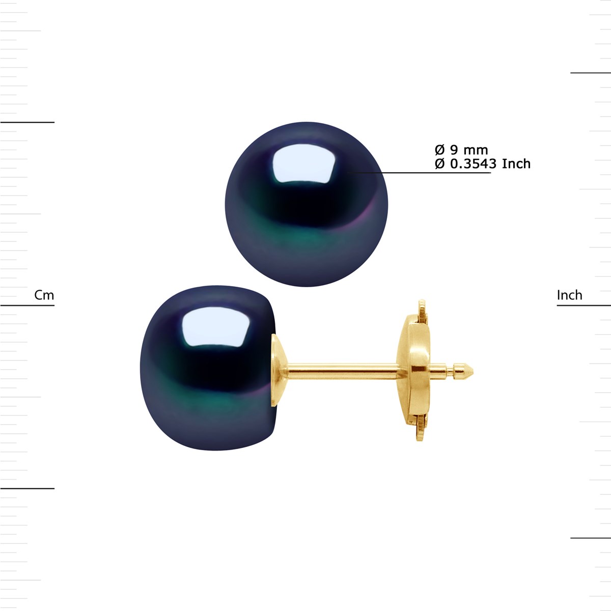 Boucles d'Oreilles Perles de Culture d'Eau Douce 9-10 mm Système Sécurité Noires Or Jaune - vue 3
