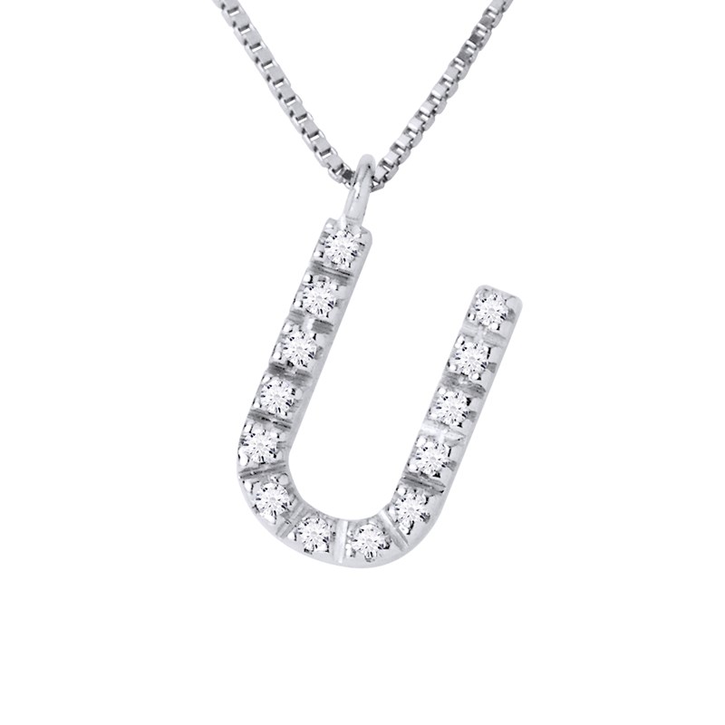 Collier ALPHABET Diamants 0,06 Cts  LETTRE 'U' Or Blanc 18 Carats