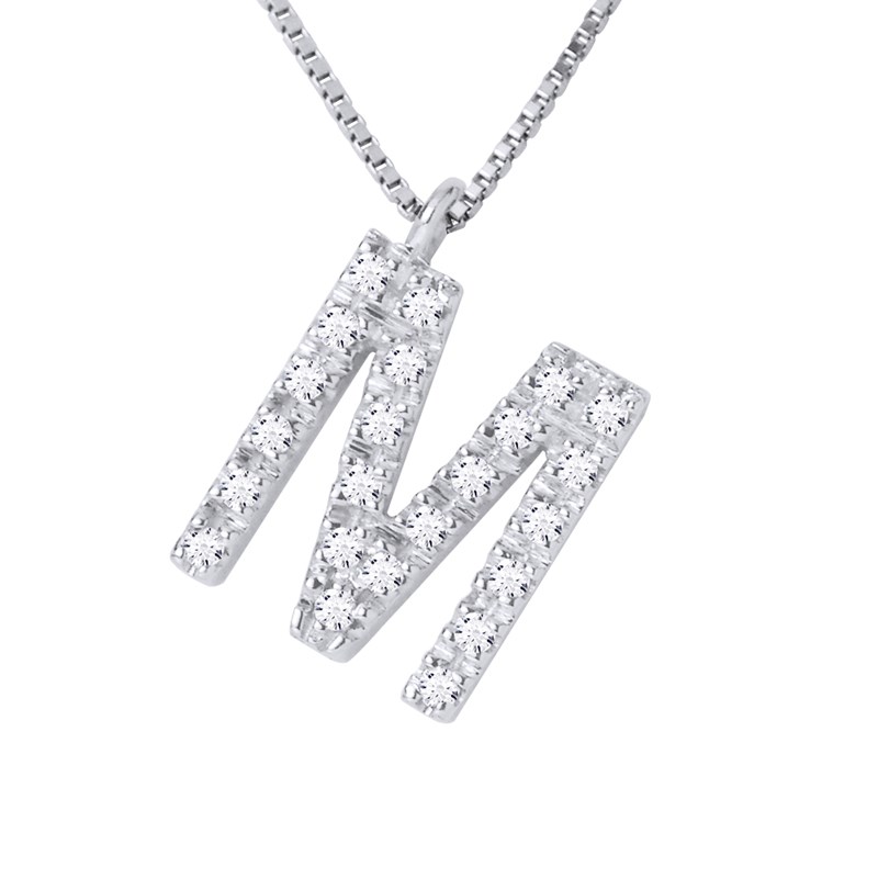 Collier ALPHABET Diamants 0,12 Cts  LETTRE 'M' Or Blanc 18 Carats