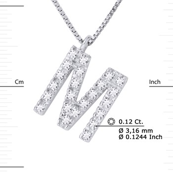 Necklace ALPHABET Diamonds 0,12 Cts LETTRE 'M' 18 Carat White Gold