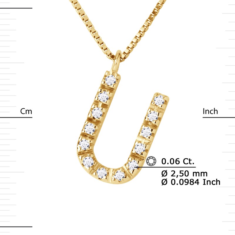 Collier ALPHABET Diamants 0,06 Cts  LETTRE 'U' Or Jaune 18 Carats - vue 3