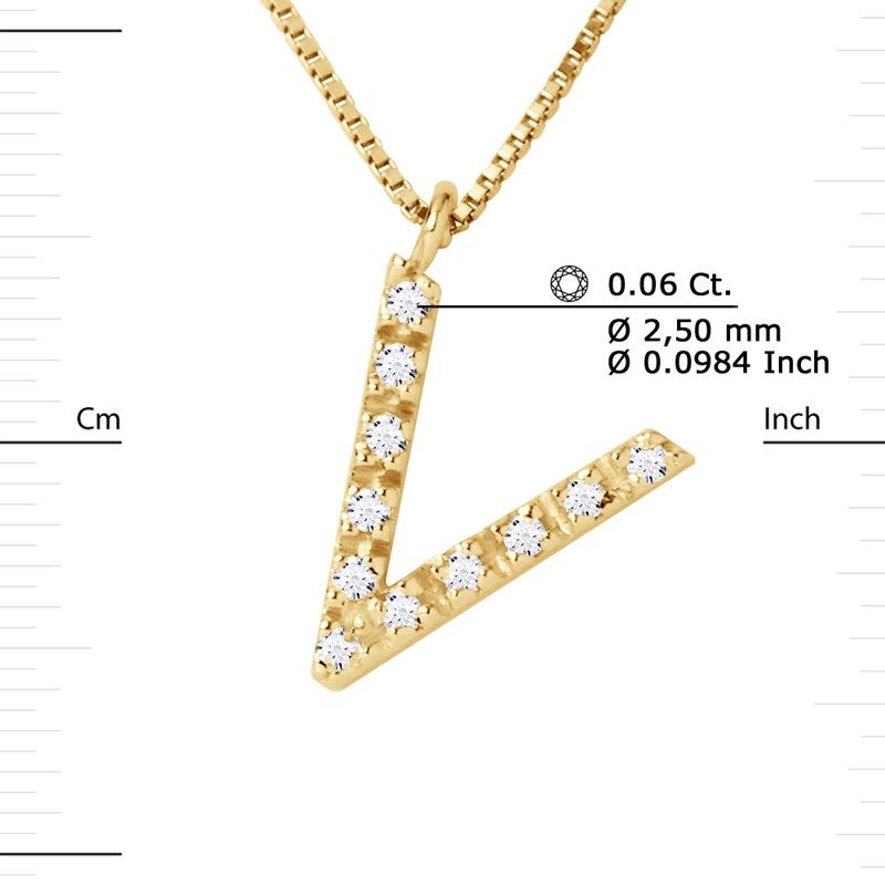 Collier ALPHABET Diamants 0,06 Cts  LETTRE 'V' Or Jaune 18 Carats - vue 3