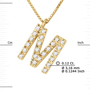 Necklace ALPHABET Diamonds 0.12 Cts LETTRE 'M' 18 Carat Yellow Gold