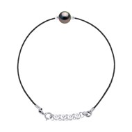 Bracelet LOVE LINK Perle de Tahiti Ronde 8-9 mm Lien Nylon Noir Argent 925