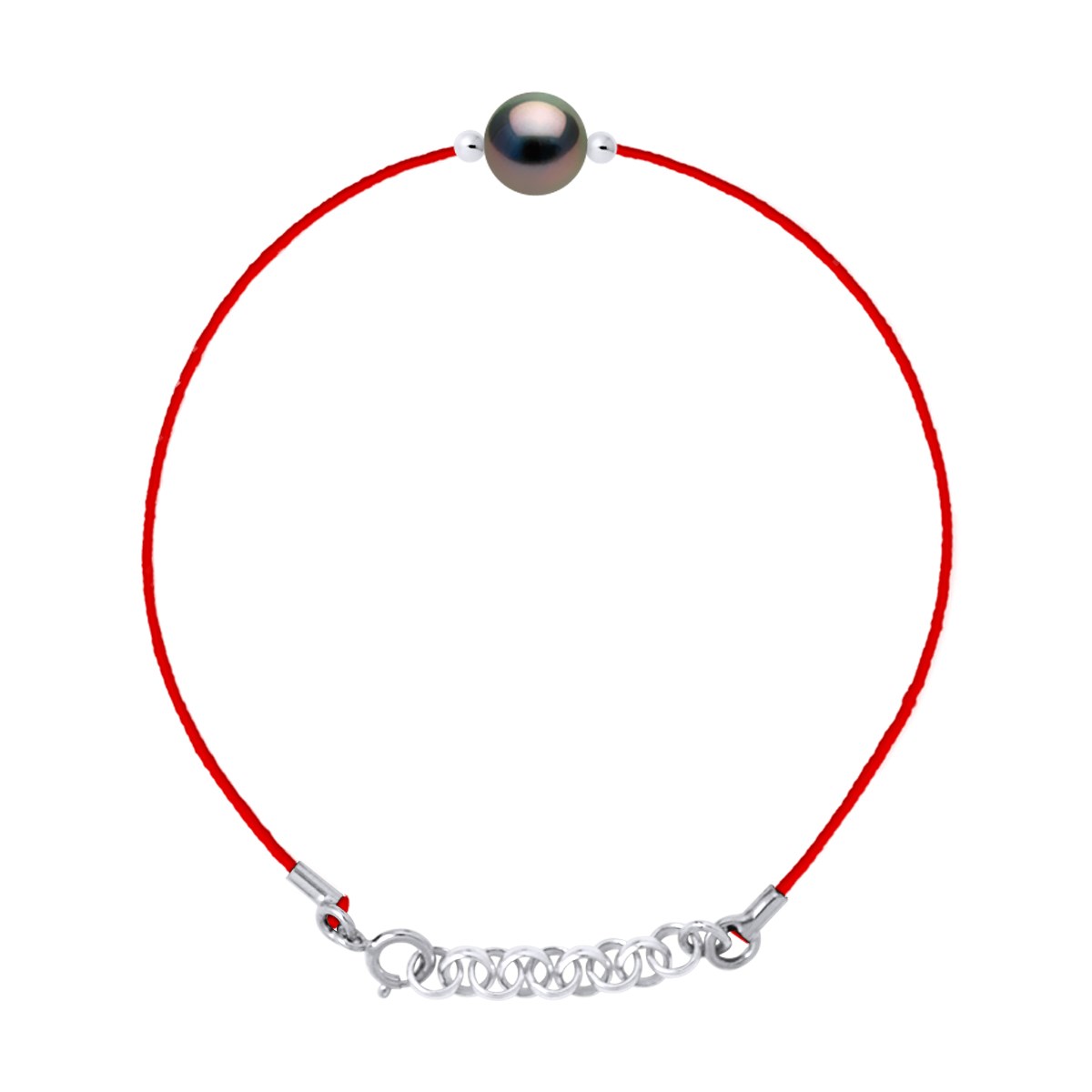 Bracelet LOVE LINK Perle de Tahiti Ronde 8-9 mm Nylon Rouge Argent 925