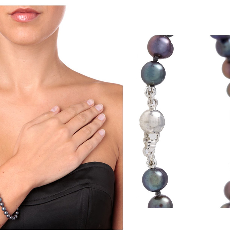 Bracelet Femme Perles de culture d'eau douce Noires et Fermoir Argent 925 - vue 4