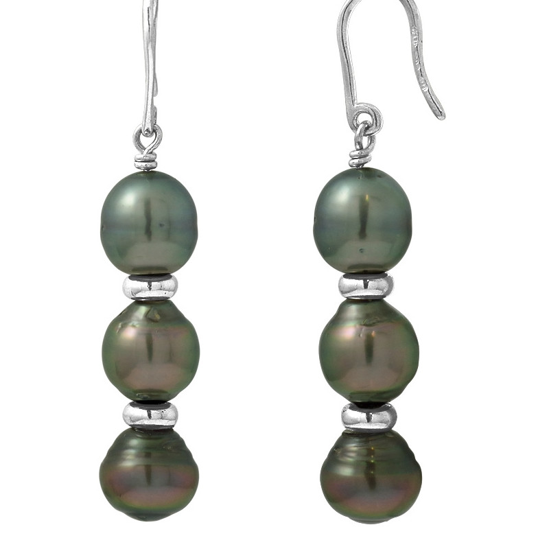 Boucles d'Oreilles Pendantes Perles de Tahiti et Argent 925/1000