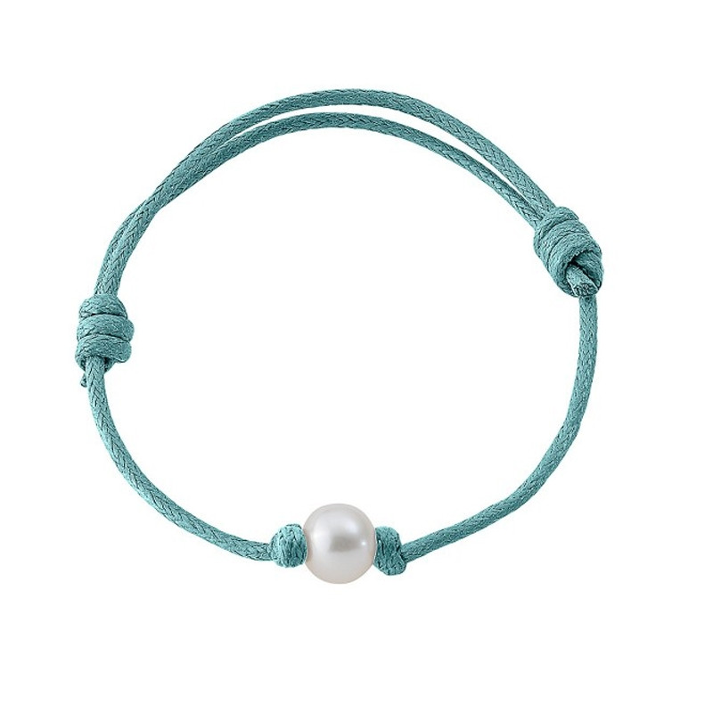 Bracelet Perle de culture Blanche et Coton Ciré Turquoise