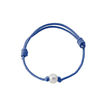 Bracelet Perle de culture Blanche et Coton Ciré Bleu