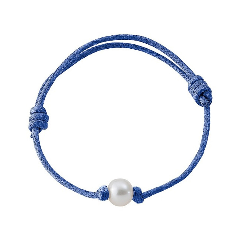 Bracelet Perle de culture Blanche et Coton Ciré Bleu