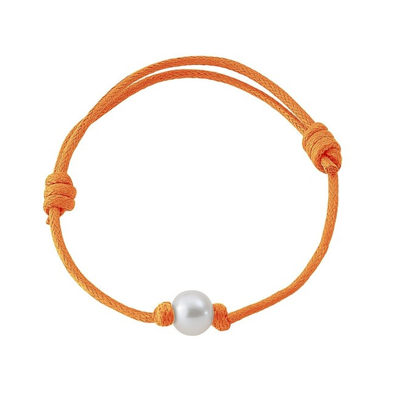 Bracelet Perle de culture Blanche et Coton Ciré Orange