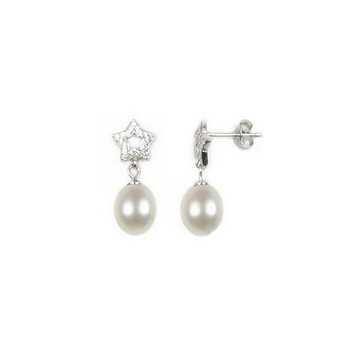 Boucles d'Oreilles Pendantes Femme Etoile et Perle de Culture Blanc, Cubic Zirconia et Argent 925