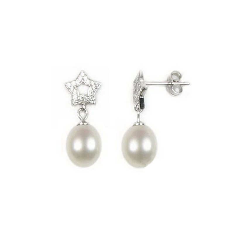 Boucles d'Oreilles Pendantes Femme Etoile et Perle de Culture Blanc, Cubic Zirconia et Argent 925