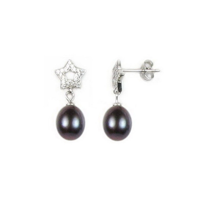 Boucles d'Oreilles Pendantes femme Etoile et Perles de Culture d'eau douce Noires, Cubic Zirconia et Argent 925/1000