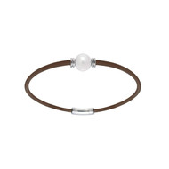 Bracelet Mixte Cuir et Perle de Culture Blanche et Argent 925/1000