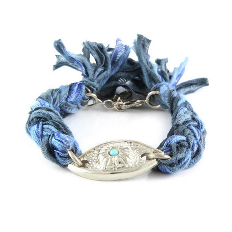 Ettika - Bracelet Oeil en Argent et Coton Rubans Tressés Bleu et Noir
