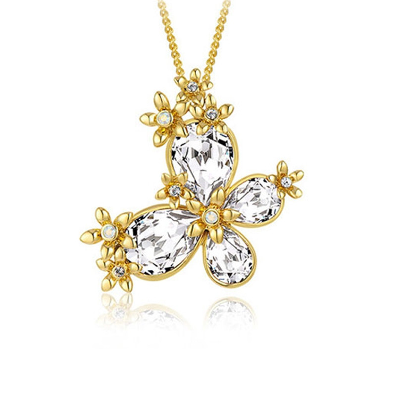 Pendentif-Broche Papillon orné de cristaux de Swarovski Blanc et Plaqué or jaune - vue V1